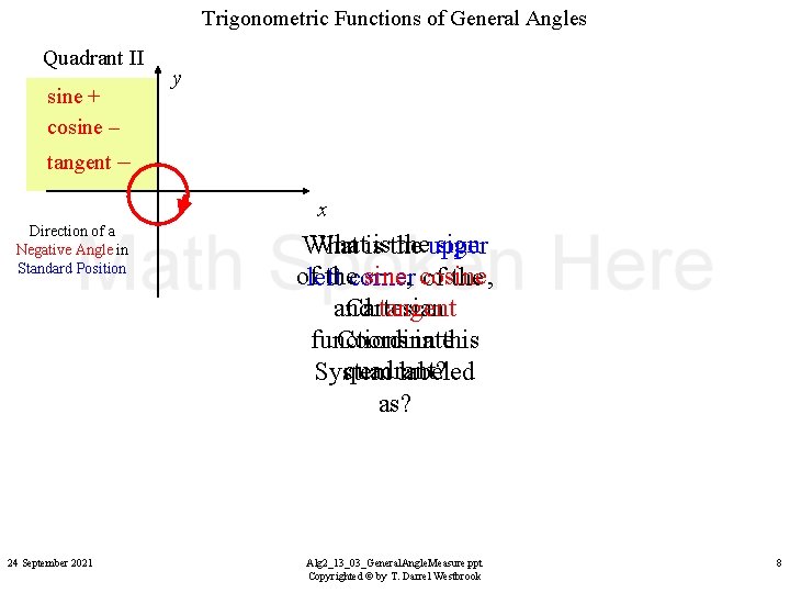 Trigonometric Functions of General Angles Quadrant II sine + cosine – y tangent –