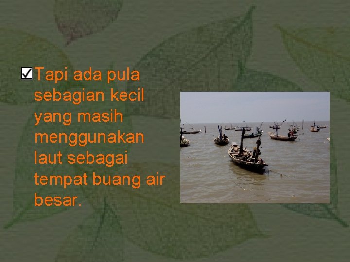 Tapi ada pula sebagian kecil yang masih menggunakan laut sebagai tempat buang air besar.