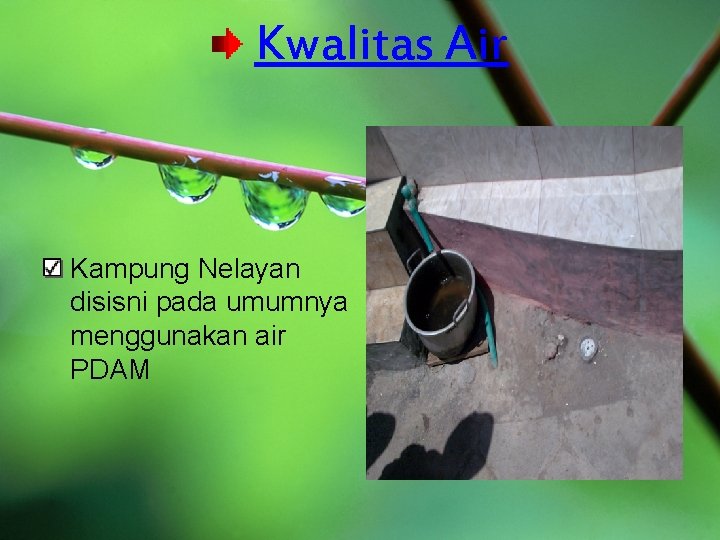 Kwalitas Air Kampung Nelayan disisni pada umumnya menggunakan air PDAM 