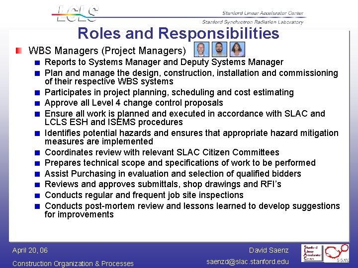 Roles and Responsibilities WBS Managers (Project Managers) Reports to Systems Manager and Deputy Systems