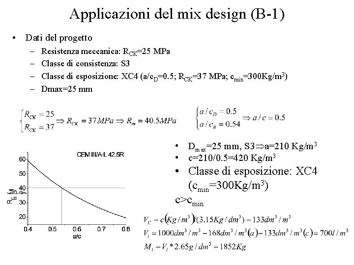 Applicazioni del mix design (B-1) • Dati del progetto – – Resistenza meccanica: RCK=25