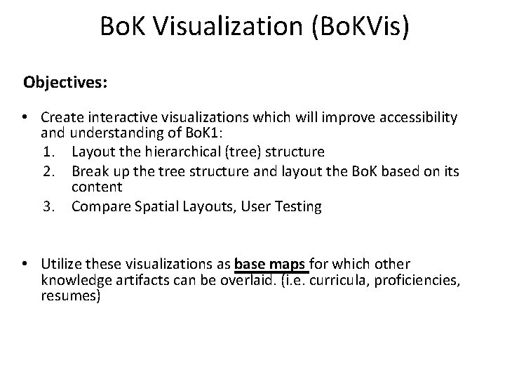Bo. K Visualization (Bo. KVis) Objectives: • Create interactive visualizations which will improve accessibility