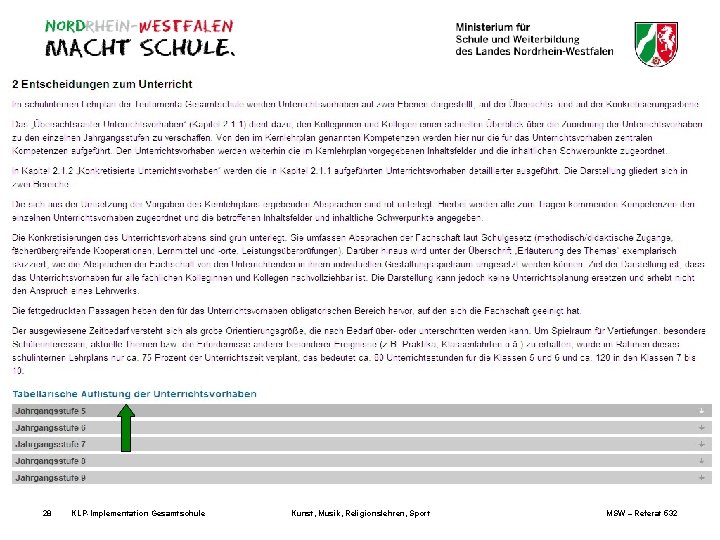 28 KLP-Implementation Gesamtschule Kunst, Musik, Religionslehren, Sport MSW – Referat 532 