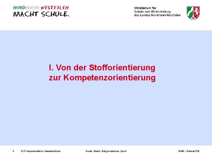 I. Von der Stofforientierung zur Kompetenzorientierung 3 KLP-Implementation Gesamtschule Kunst, Musik, Religionslehren, Sport MSW