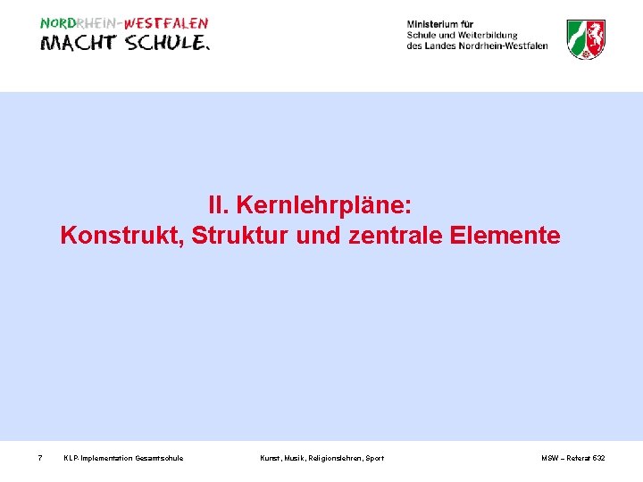 II. Kernlehrpläne: Konstrukt, Struktur und zentrale Elemente 7 KLP-Implementation Gesamtschule Kunst, Musik, Religionslehren, Sport