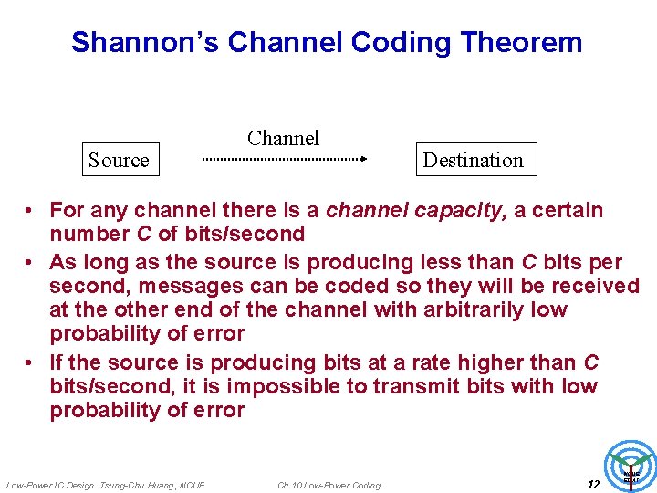 Shannon’s Channel Coding Theorem Source Channel Destination • For any channel there is a