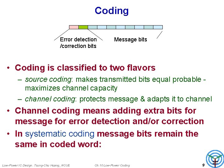 Coding Error detection /correction bits Message bits • Coding is classified to two flavors