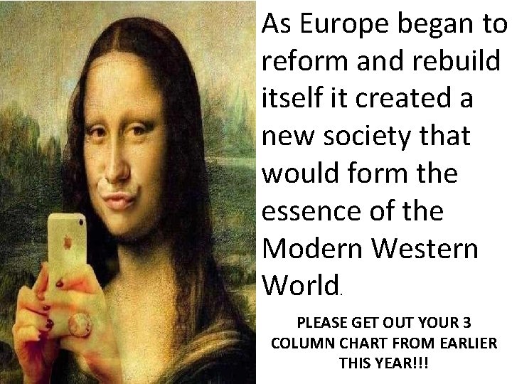 As Europe began to reform and rebuild itself it created a new society that