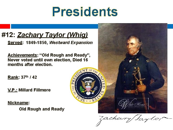 Presidents #12: Zachary Taylor (Whig) Served: 1849 -1850, Westward Expansion Achievements: “Old Rough and
