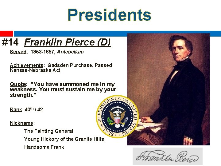 Presidents #14 Franklin Pierce (D) Served: 1853 -1857, Antebellum Achievements: Gadsden Purchase. Passed Kansas-Nebraska