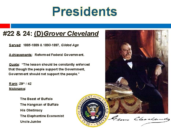 Presidents #22 & 24: (D)Grover Cleveland Served: 1885 -1889 & 1893 -1897, Gilded Age