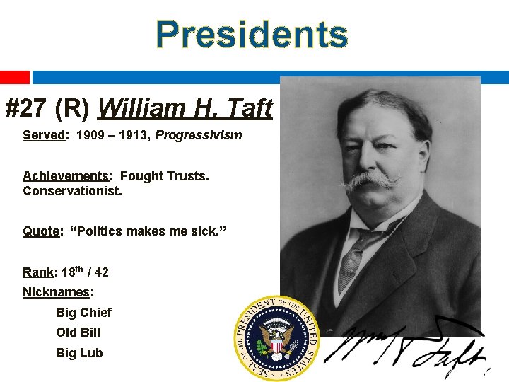 Presidents #27 (R) William H. Taft Served: 1909 – 1913, Progressivism Achievements: Fought Trusts.