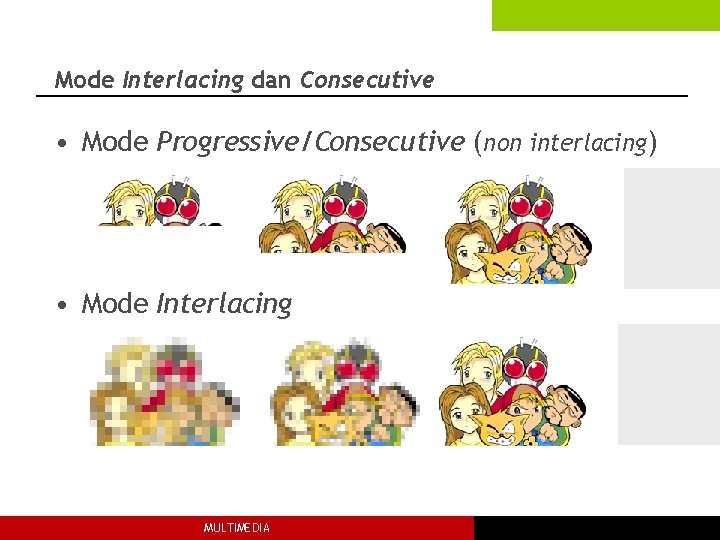 Mode Interlacing dan Consecutive • Mode Progressive/Consecutive (non interlacing) • Mode Interlacing MULTIMEDIA 
