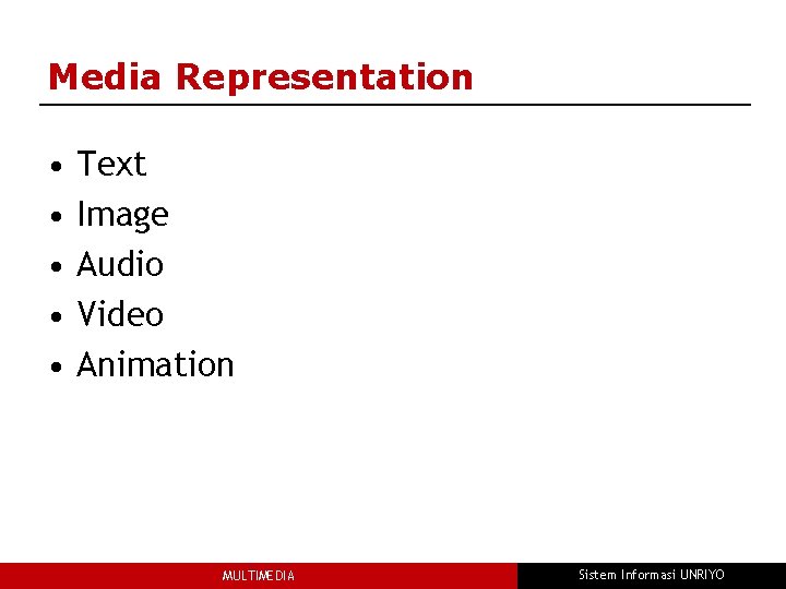 Media Representation • • • Text Image Audio Video Animation MULTIMEDIA Sistem Informasi UNRIYO