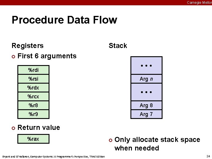 Carnegie Mellon Procedure Data Flow Registers ¢ First 6 arguments Stack • • •