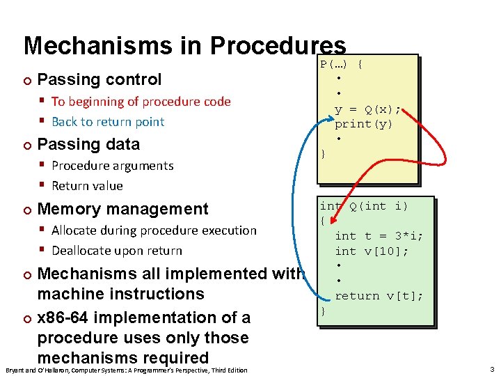 Mechanisms in Procedures ¢ Passing control § To beginning of procedure code § Back