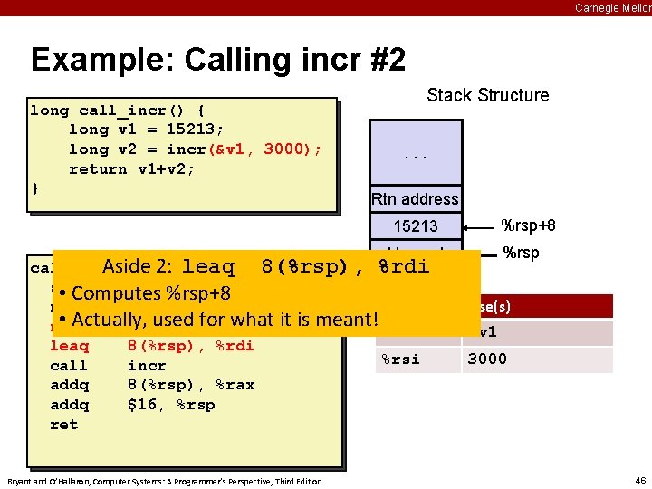 Carnegie Mellon Example: Calling incr #2 long call_incr() { long v 1 = 15213;