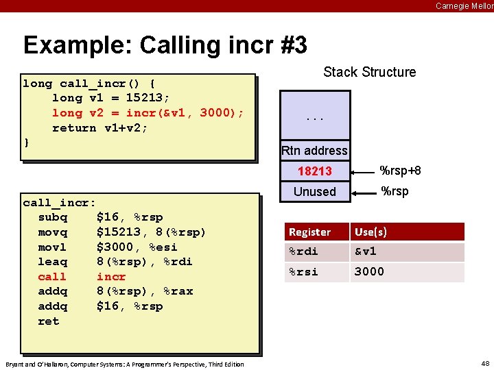 Carnegie Mellon Example: Calling incr #3 long call_incr() { long v 1 = 15213;