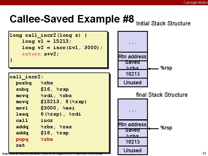 Carnegie Mellon Callee-Saved Example #8 Initial Stack Structure long call_incr 2(long x) { long