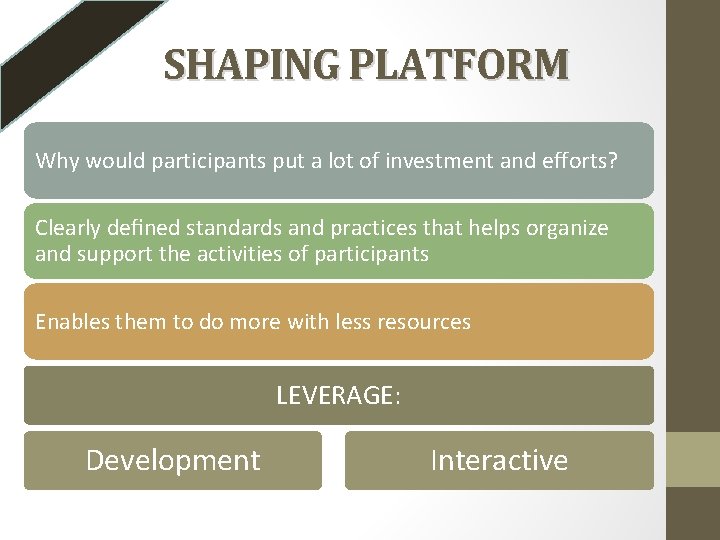 SHAPING PLATFORM Why would participants put a lot of investment and efforts? Clearly defined SHAPING PLATFORM Why would participants put a lot of investment and efforts? Clearly defined