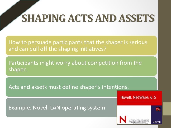 SHAPING ACTS AND ASSETS How to persuade participants that the shaper is serious and SHAPING ACTS AND ASSETS How to persuade participants that the shaper is serious and