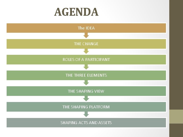 AGENDA The IDEA THE CHANGE ROLES OF A PARTICIPANT THE THREE ELEMENTS THE SHAPING AGENDA The IDEA THE CHANGE ROLES OF A PARTICIPANT THE THREE ELEMENTS THE SHAPING