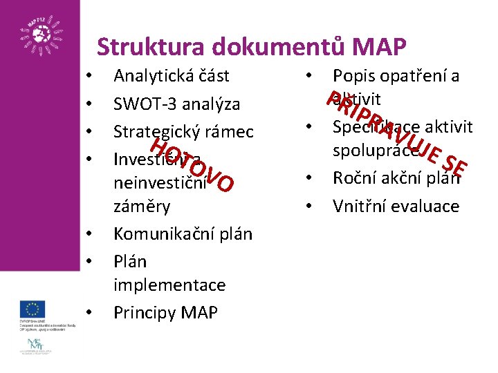 Struktura dokumentů MAP • • Analytická část SWOT-3 analýza Strategický rámec HO TOa Investiční