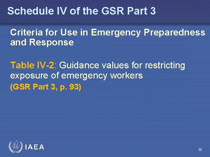Schedule IV of the GSR Part 3 Criteria for Use in Emergency Preparedness and