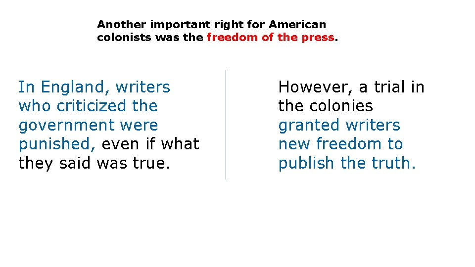 Another important right for American colonists was the freedom of the press. In England,