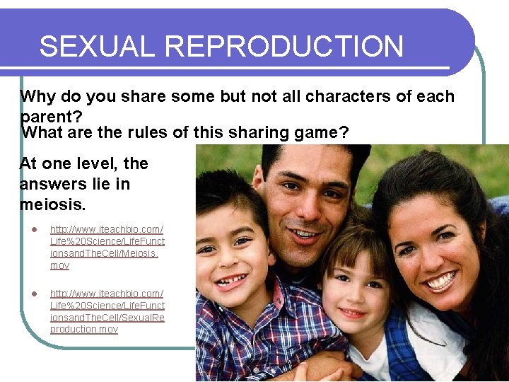 SEXUAL REPRODUCTION Why do you share some but not all characters of each parent?