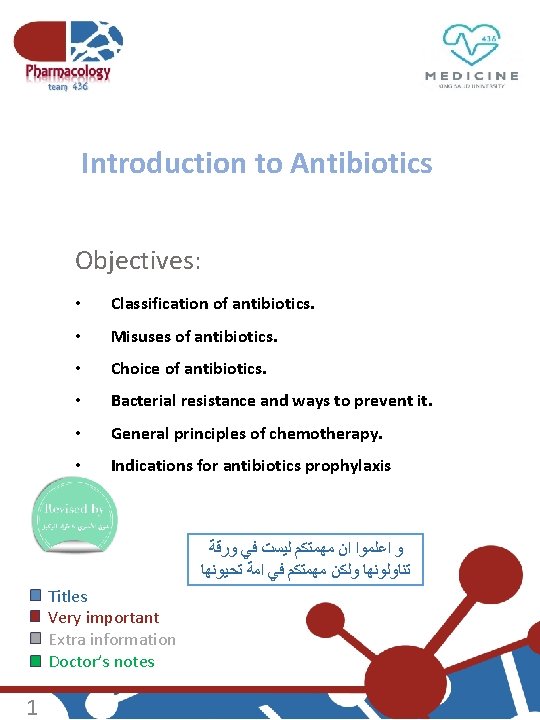 Introduction to Antibiotics Objectives: • Classification of antibiotics. • Misuses of antibiotics. • Choice