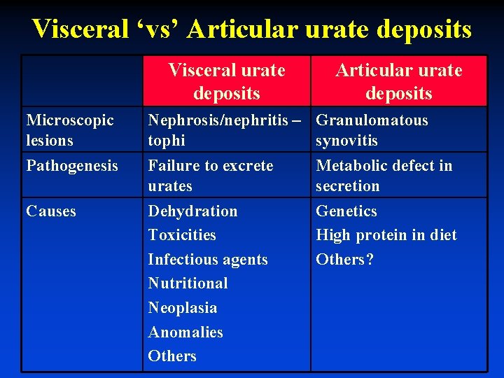 Visceral ‘vs’ Articular urate deposits Visceral urate deposits Articular urate deposits Microscopic lesions Nephrosis/nephritis