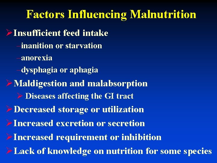 Factors Influencing Malnutrition ØInsufficient feed intake –inanition or starvation –anorexia –dysphagia or aphagia ØMaldigestion