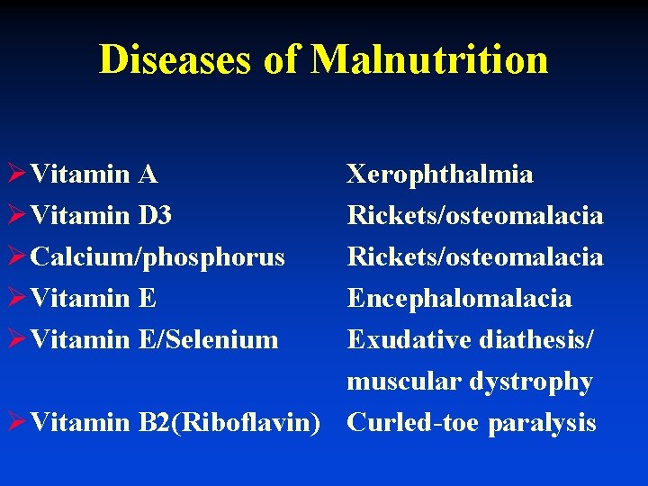 Diseases of Malnutrition ØVitamin A ØVitamin D 3 ØCalcium/phosphorus ØVitamin E/Selenium Xerophthalmia Rickets/osteomalacia Encephalomalacia