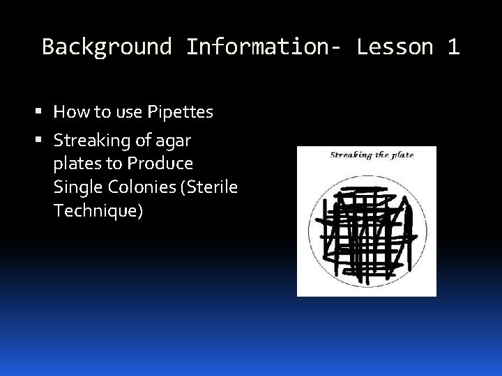 Background Information- Lesson 1 How to use Pipettes Streaking of agar plates to Produce