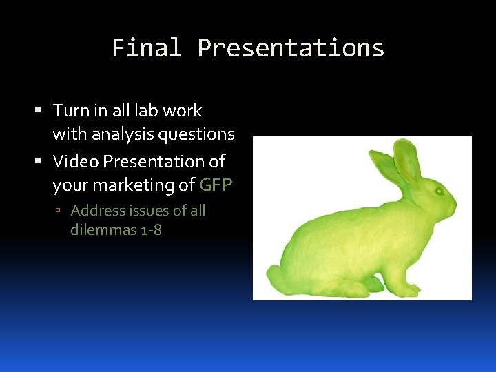 Final Presentations Turn in all lab work with analysis questions Video Presentation of your