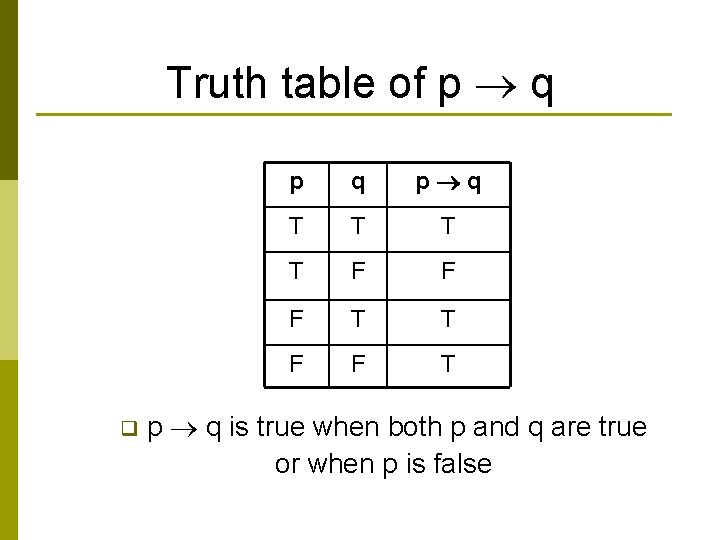 Truth table of p q q p q T T F F F T