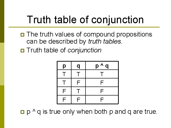 Truth table of conjunction The truth values of compound propositions can be described by