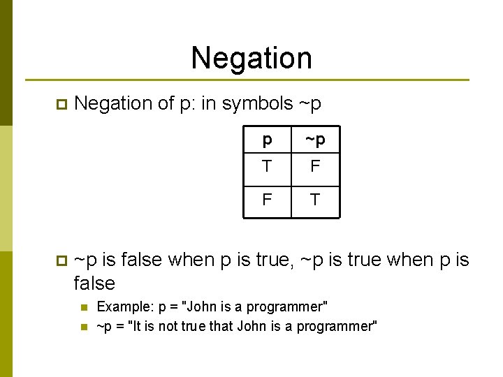 Negation p p Negation of p: in symbols ~p p ~p T F F