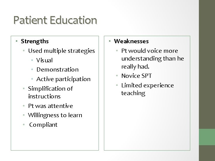 Patient Education • Strengths • Used multiple strategies • Visual • Demonstration • Active