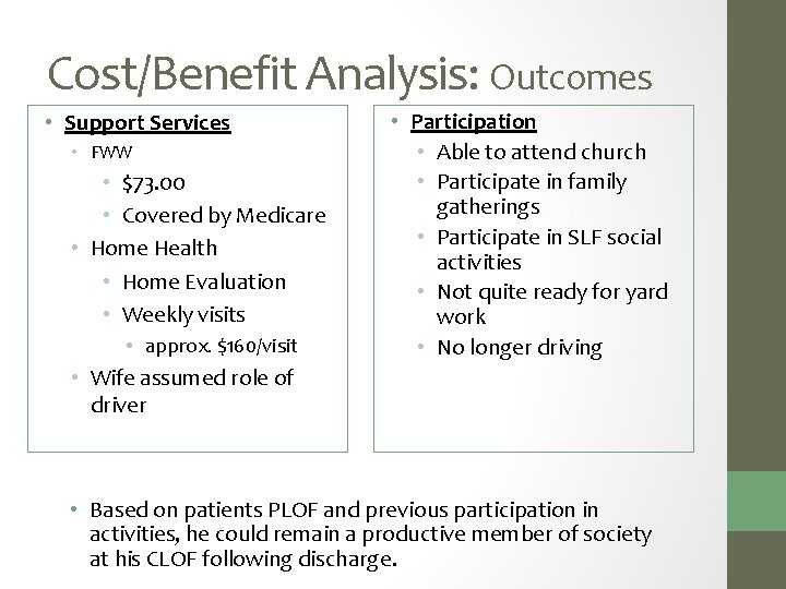 Cost/Benefit Analysis: Outcomes • Support Services • FWW • $73. 00 • Covered by