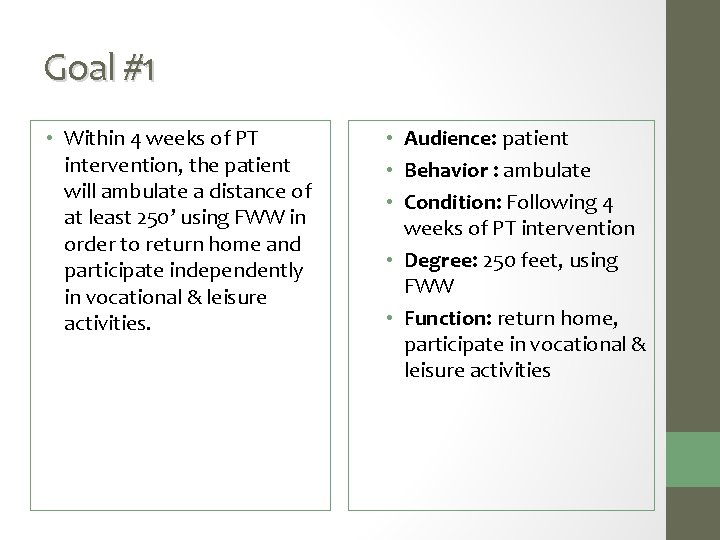 Goal #1 • Within 4 weeks of PT intervention, the patient will ambulate a