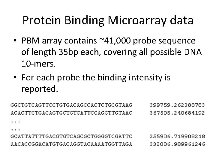 Protein Binding Microarray data • PBM array contains ~41, 000 probe sequence of length