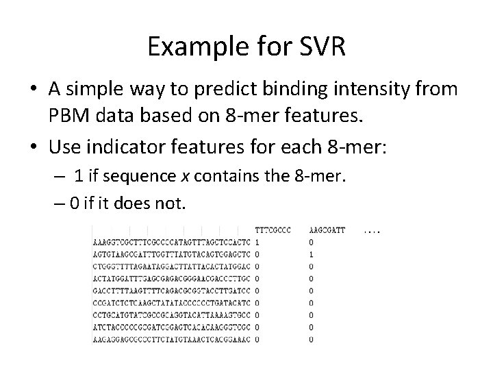 Example for SVR • A simple way to predict binding intensity from PBM data