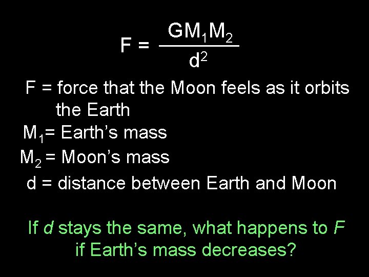 GM 1 M 2 _______ F= d 2 F = force that the Moon