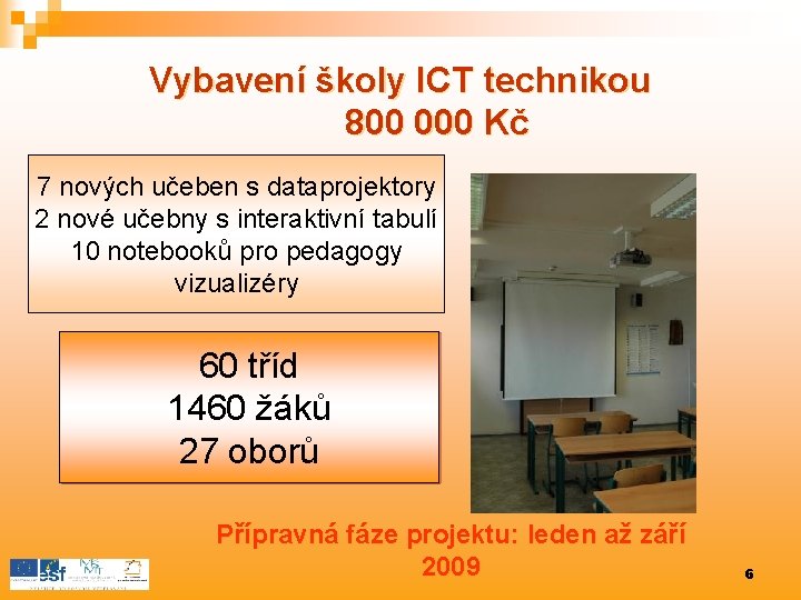 Vybavení školy ICT technikou 800 000 Kč 7 nových učeben s dataprojektory 2 nové