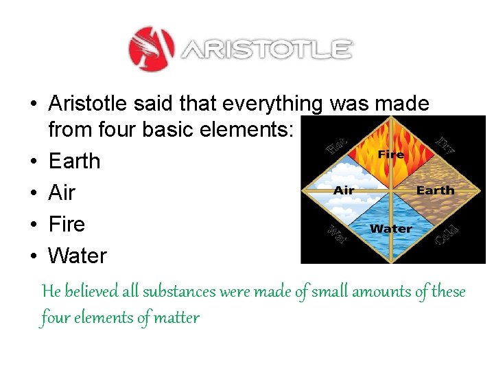  • Aristotle said that everything was made from four basic elements: • Earth
