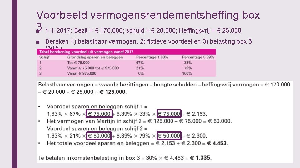 Voorbeeld vermogensrendementsheffing box 3 ■ 1 -1 -2017: Bezit = € 170. 000; schuld