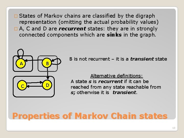 � States of Markov chains are classified by the digraph representation (omitting the actual