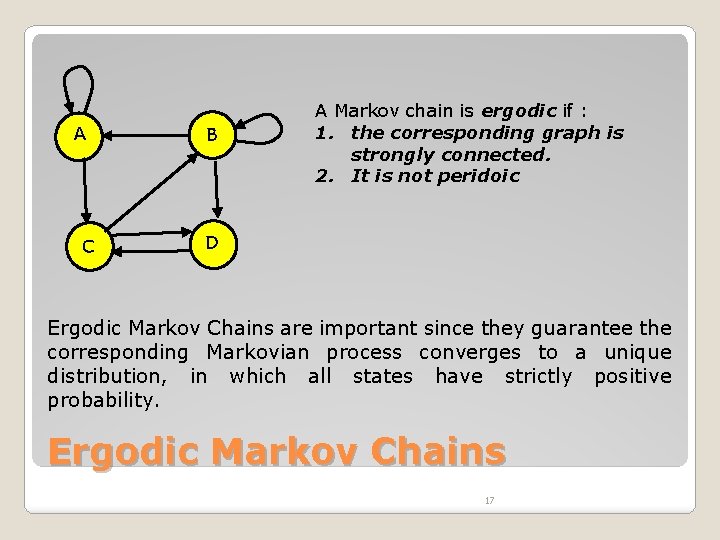 A C B A Markov chain is ergodic if : 1. the corresponding graph